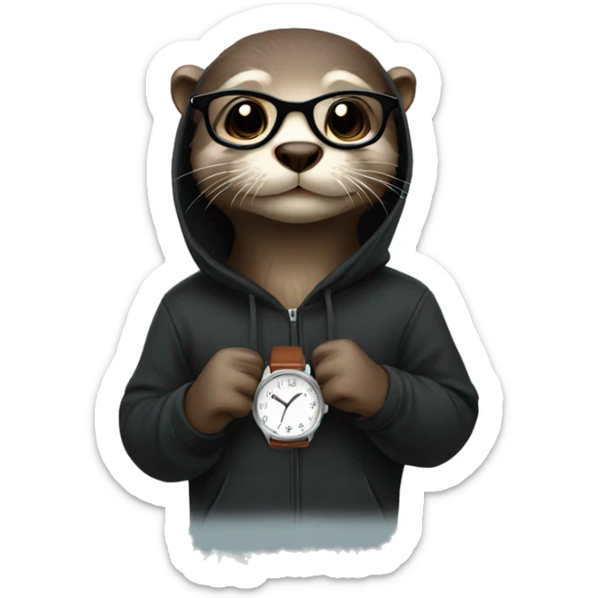 Otter wearing a black hoodie, glasses and a watch sticker