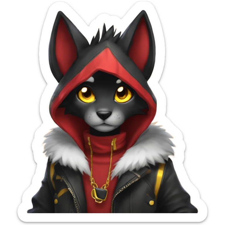 black Shiny Fionbri-Falvie-sparkle-sona with yellow eyes, red edgy markings full body fursona  sticker