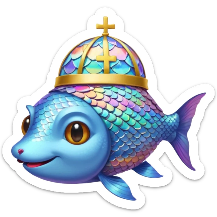 Rainbow fish with the pope-hat and a brown cat coming out of his mouth sticker