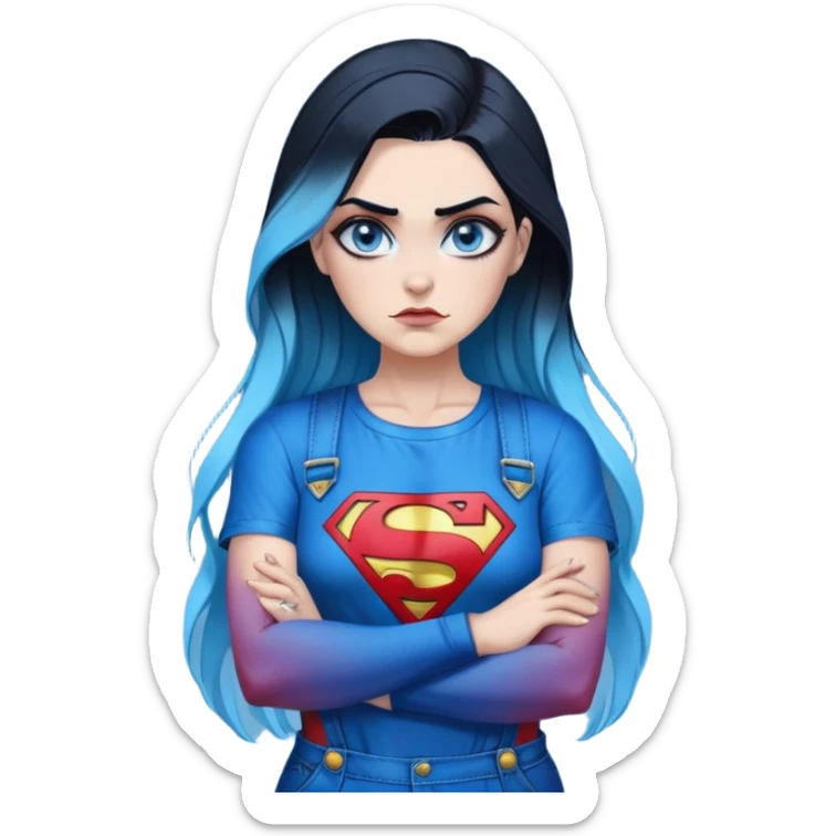 Female-Very tall-very very very large chest-really angry-arms crossed-very long straight flat black to sky blue hair ombre-blue eyes-black eyeliner-long eyelashes-iridescent superman tshort with glitter superman logo-overalls-lip pierced sticker