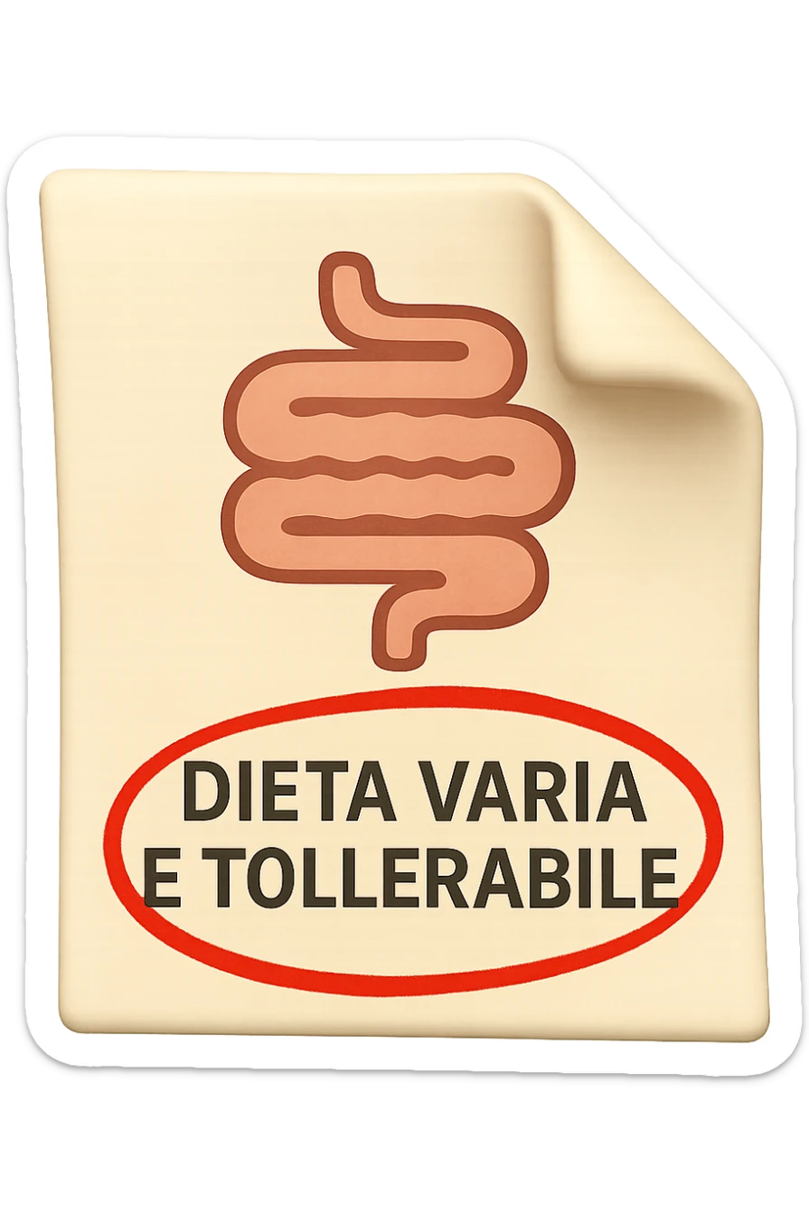 emoji stile iphone di un foglio con un INTESTINO disegnatO sopra e la scritta "DIETA VARIA E TOLLERABILE" CERCHIATA IN ROSSO, iperrealistico 4k, isolato su sfondo bianco sticker