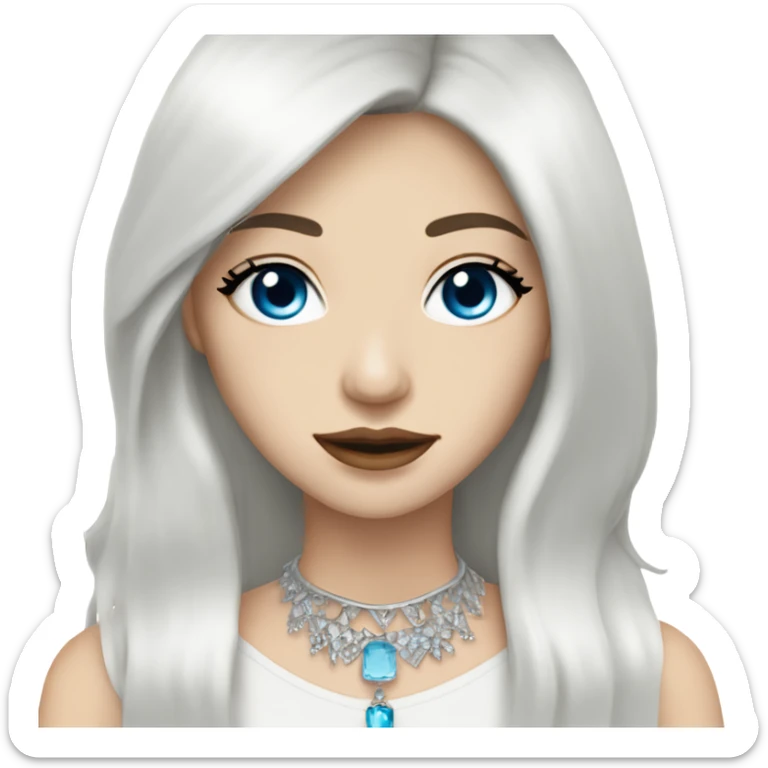 woman with pale skin, blue eyes and long dark hair with layers and fringe bangs, wearing a white top and silver jewellery sticker