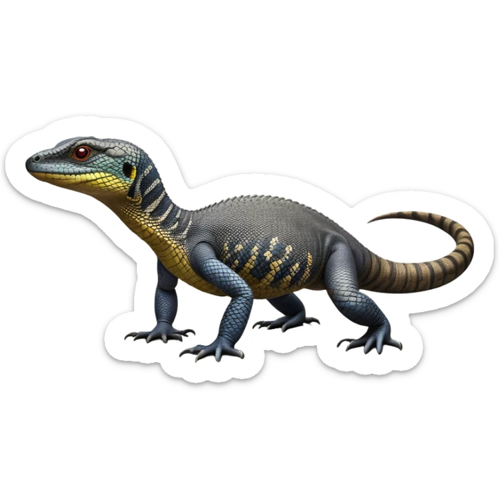 cinematic-monitor-lizard-realistic-full-body-standing on all fours-emoji,-long-powerful-tail-dragging-slightly-behind,-sleek-scaled-body-textured-with-rich-patterns and stripes,-head-tilted-dramatically,-dark-intense-eyes-observing-its-surroundings,-simplified-yet-realistic-focused-features,-highly-detailed,-glowing-with-an-almost-sarcastic-glow sticker