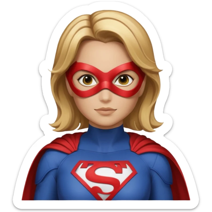 Mujer súper heroína tipo la de WhatsApp. Pelo marrón claro y mechas rubias por los hombros. Con antifaz y traje de héroe, que se vea solo hasta los hombros y logo MJ en el traje. Como la de WhatsApp  sticker