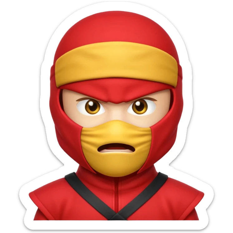 angry ninja face emoji, classic yellow emoji face, mouth fully covered by red ninja uniform, only eyes visible sticker