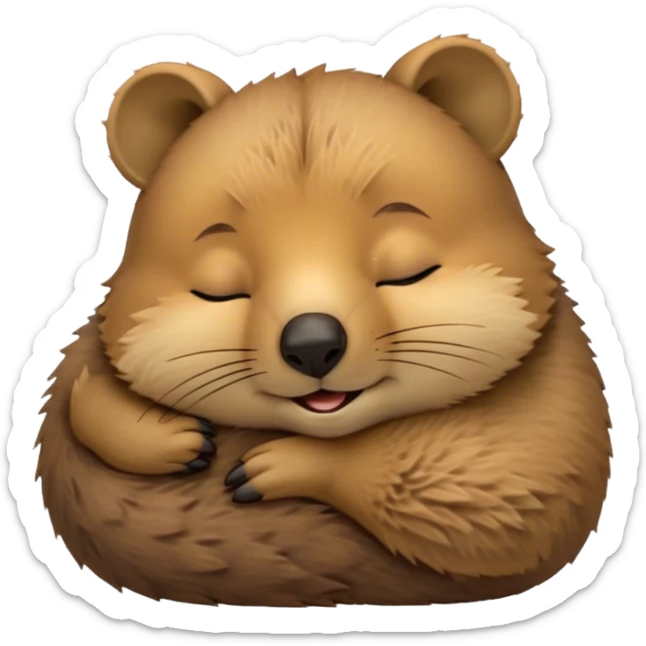 Meme-Worthy Cute Sleeping Quokka Portrait Emoji, Head resting peacefully with a contented smile, showcasing a delightfully compact build and a luxuriously soft brown fur, eyes shut in a serene, restful nap, Simplified yet hilariously adorable features, highly detailed, glowing with a soft, drowsy light, high shine, relaxed and utterly lovable, stylized with an air of playful laziness, bright and heartwarming, soft glowing outline, capturing the essence of a comically sleepy quokka, so meme‐worthy it feels like it could instantly become the next viral sensation of adorable slumber! sticker