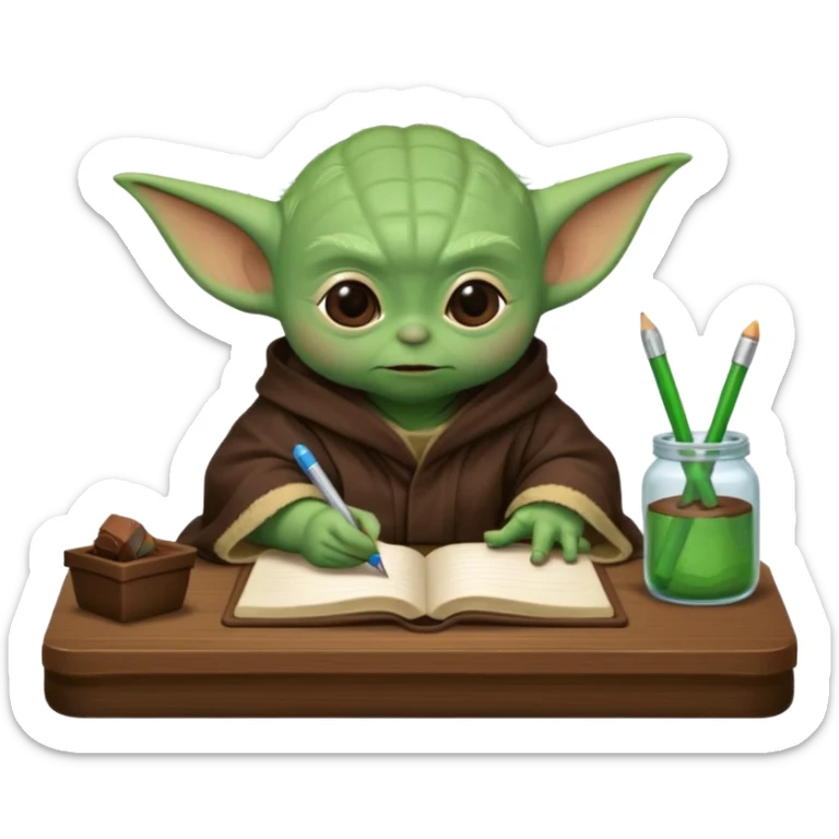 Baby Yoda con su tunica chocolate escribiendo en un cuaderno sobre un escritorio sticker