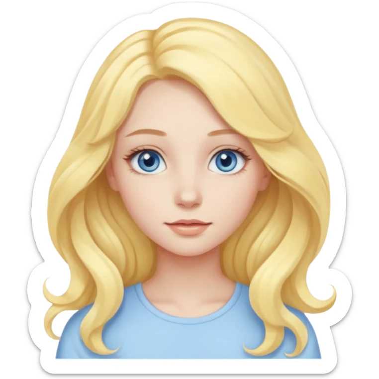 a girl with blue eyes, long pastel yellow wavy hair, subtle clean makeup sticker