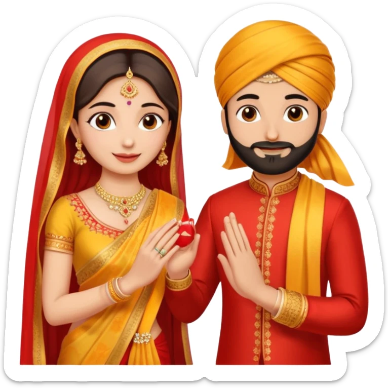 Two hands in a engagement..One hand of groom and one hand of bride. Bride hand - red/yellow saree. groom- light orange punjabi (oonly hands will be visible in the image). Groom's hand is holding a ring sticker