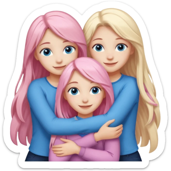 Girlfriend emoji - four white grips hugging and smiling    One girl with long light pink hair and blue eyes, one girl with blue eyes and light blonde hair, and 2 girls with brown eyes and long dark brown hair. sticker