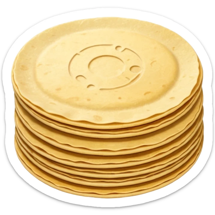 stack of 2 small round corn tortillas, warm golden-yellow color, slightly grainy texture, light browning spots, uneven handmade edges, flat and soft, slightly offset, no plate, no extras, soft lighting, subtle shadows, emoji scale sticker