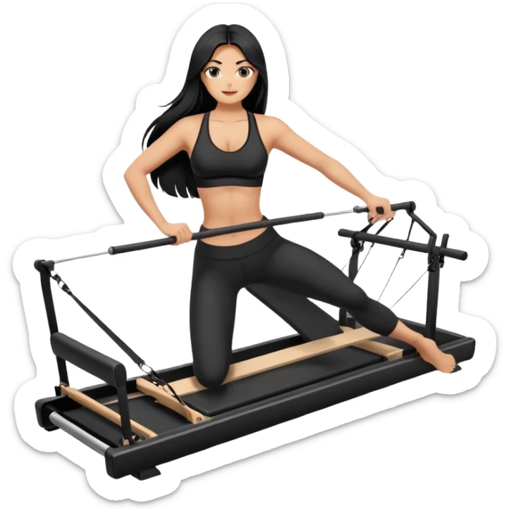 woman with bra, tanned long black hair, doing Pilates reformer sticker