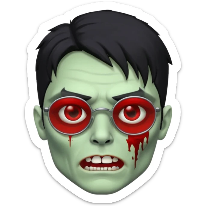 homem zumbi de óculos cabelo preto com muita olheira deixar pele dele verde dentes brancos e olhos vermelhos e ensanguentados deixar óculos quadrado e preto e olhos cheio de veias vermelhas piercing em todo rosto piercing prata colocar risco nas duas sobrancelhas e colocar lábios em sua boca sticker