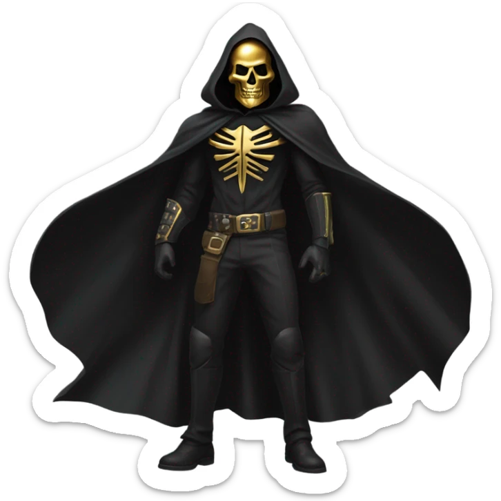 Bounty Hunter Boss with black cape and a half of gold skull mask from death Stranding, full body view sticker