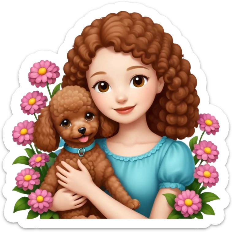A beautiful girl happily hugs a brown toy  poodle in the flowers sticker