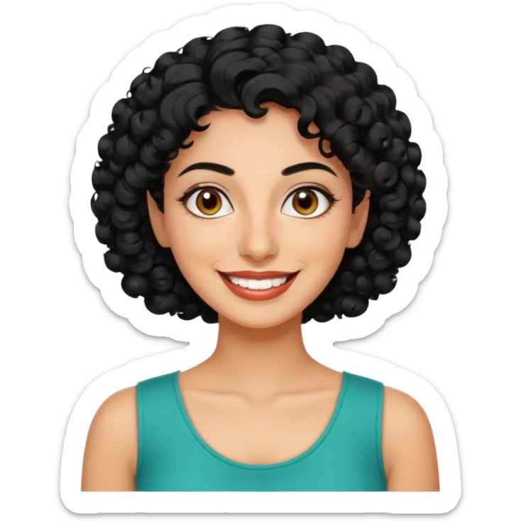 30 year old iranian woman very short curly black hair, big brown eyes, tanned skin, big smile, white teeth, pretty, stylish sticker