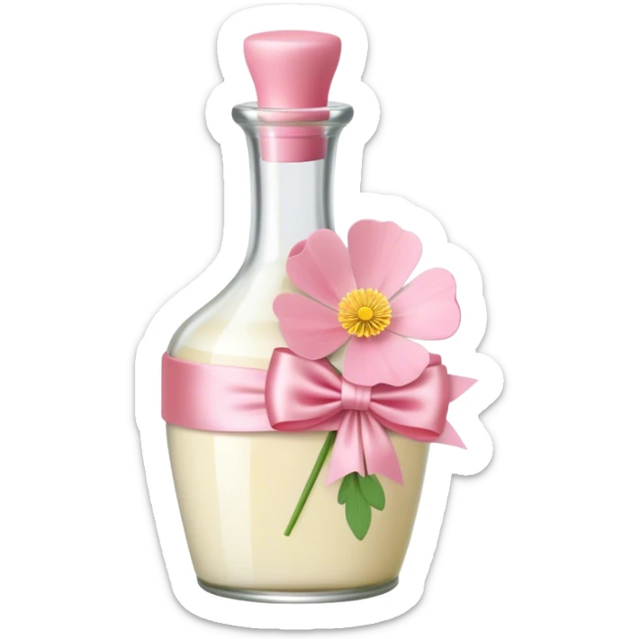 aesthetic bow in Cream Pink , Sugar Pink color glass bottle and in it a beautiful bouquet of Satin Pink Chinese buttercup  sticker