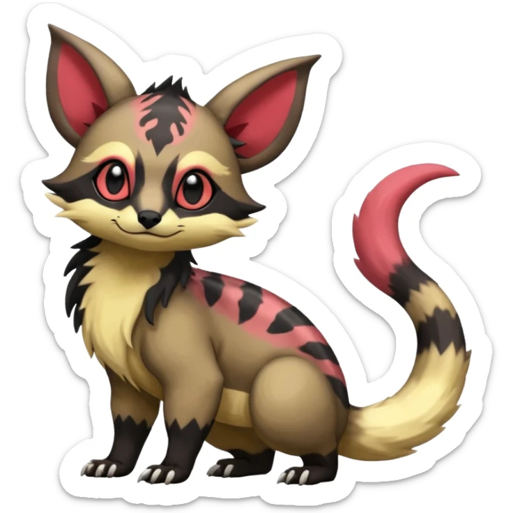 Rare warm-colored exotic cute epic aesthetic colorful Salandit-Eevee-Civet-species-Fakemon-hybrid-creature, with wild markings, full body sticker