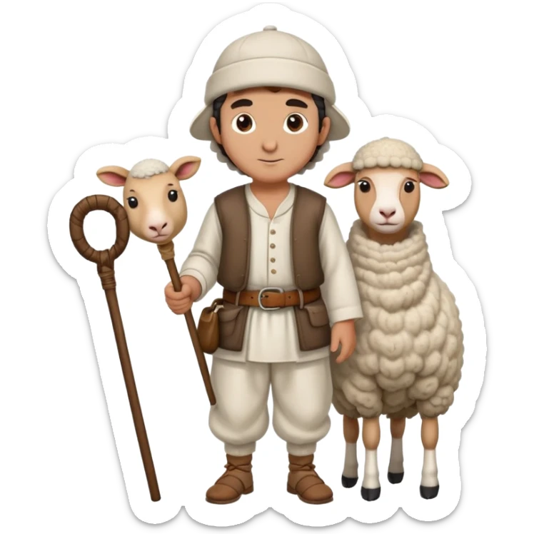A Turkish shepherd wearing a white felt kepenek, loose shalwar pants, a cloth belt, and a wool cap, holding a wooden staff beside a sheep sticker