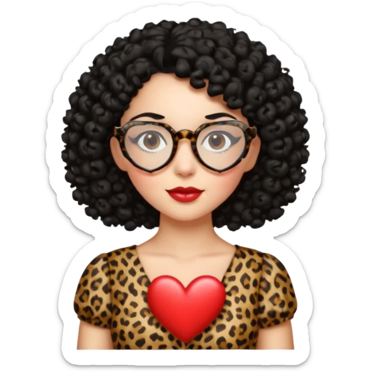 A women with a black curly hair and heart glasses, leopard print dress sticker