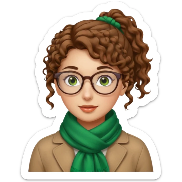 iranian woman, tight curly light brown hair in one high pony tail, glasses, green eyes, pretty, oval shape face, no hajib, scarf on neck sticker