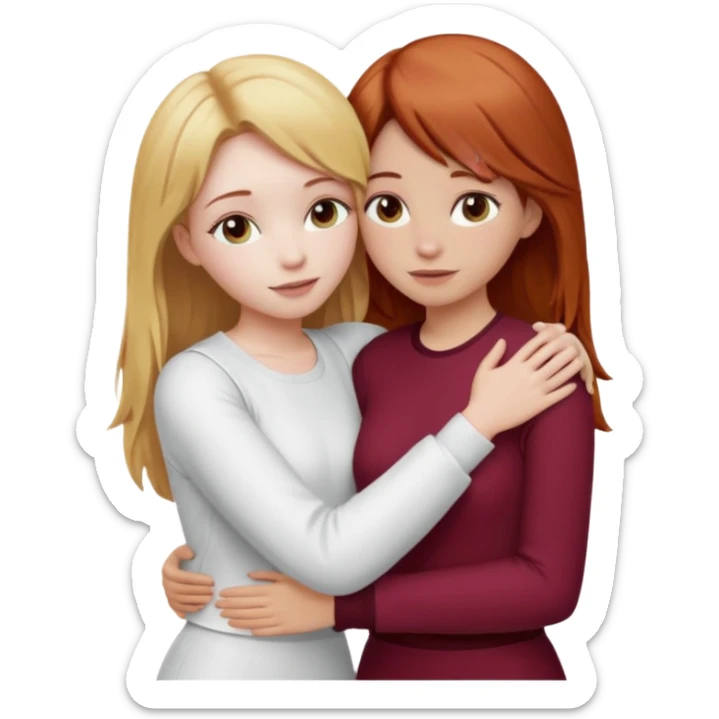 two girls who hug eachother. one has auburn hair with blonde highlights and very pale skin, other has medium-fair skin and blonde hair. first one is wearing white outfit and the second one is wearing a burgundy outfit sticker