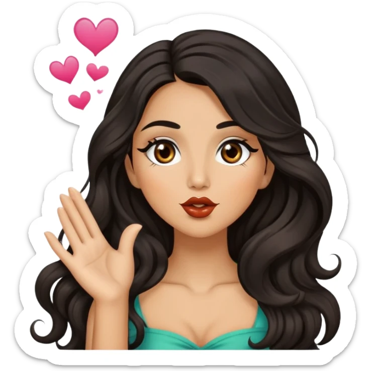 woman with olive skin, brown eyes and long lashes, and long black wavy hair blowing kiss sticker