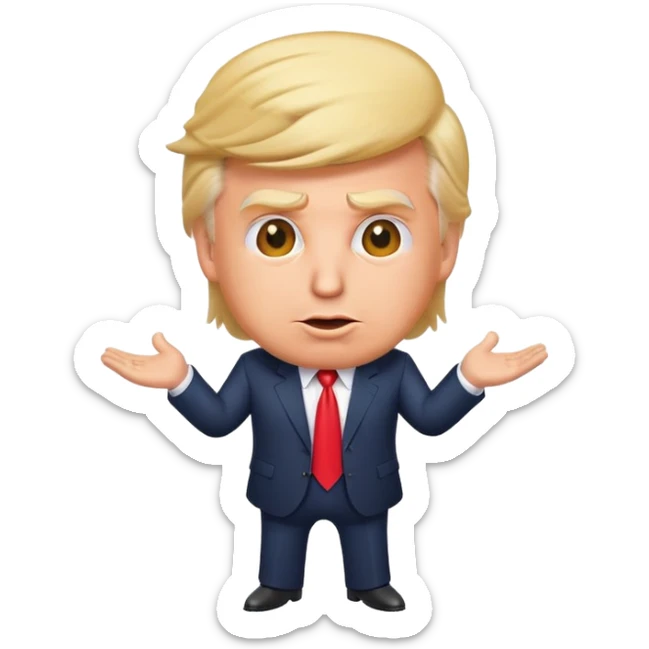 Donald Trump as a playful emoji character, recognizable hairstyle, suit, and expressive face sticker