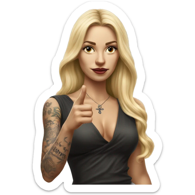Blonde elegant women with LONG HAIR, her Body Covered with Tattoos, POINTING YOU FORWARD with her HAND with INDEX FINGER, Hyper Realistic sticker