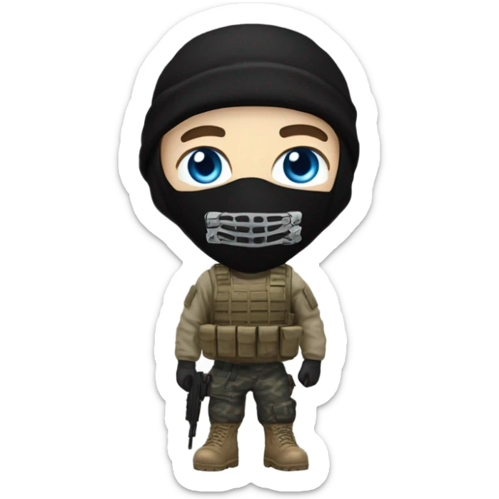 White male, call of duty black mask, camo tactical gear, tan combat boots, black beanie, blue eyes sticker