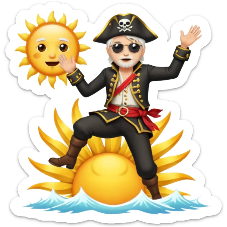 the king of the pirates with white hair and clothes jumping in front of the sun sticker
