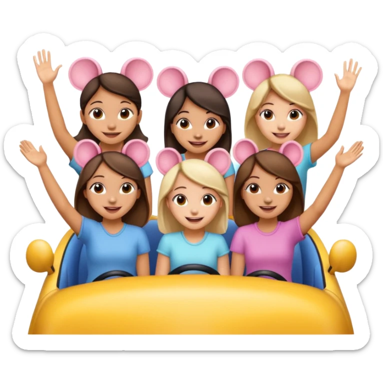 quatro chicas montadas en una atraccion de levantando la mano con orejas de dines puestas sticker