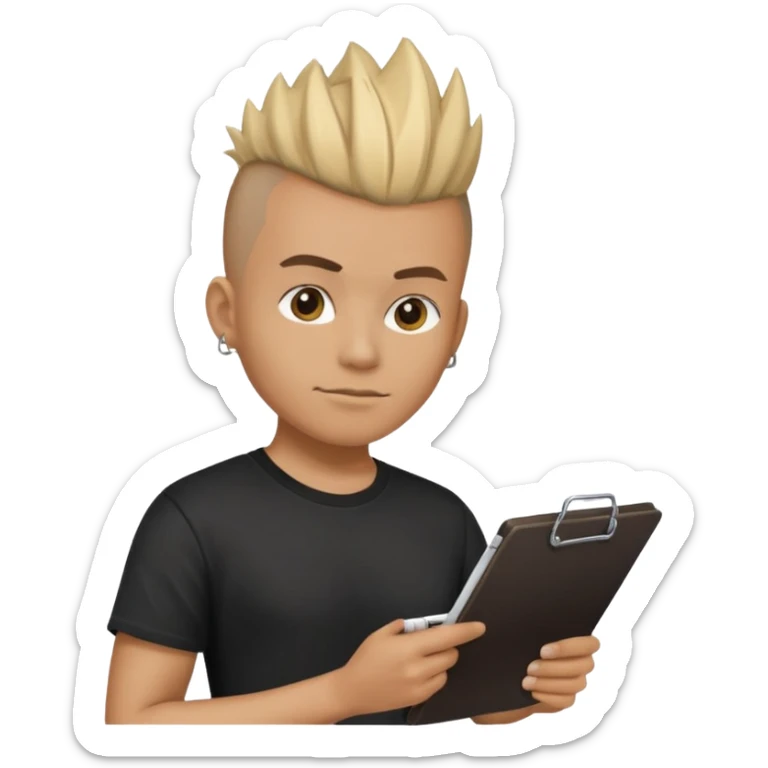 emoji of a bouncer, person with mohawk, black t-shirt, holding a clipboard sticker