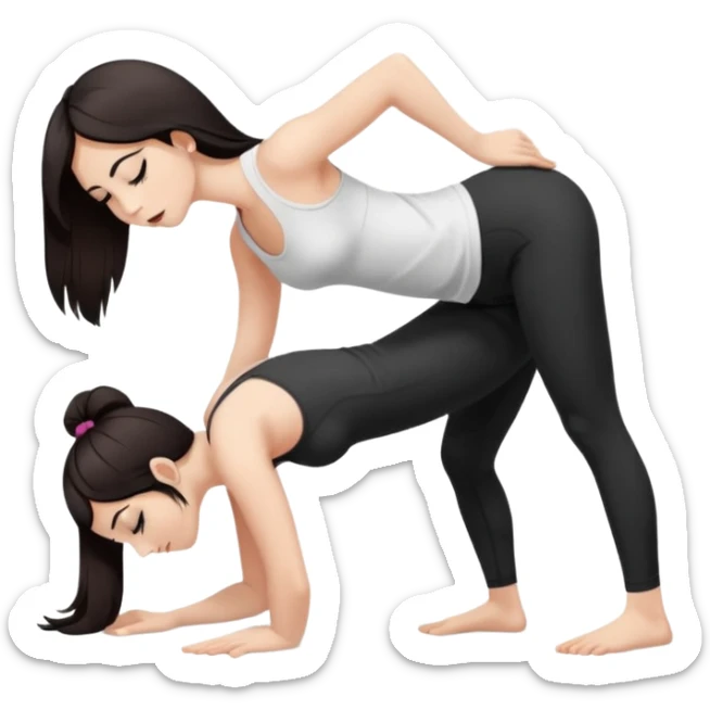 Девушка белокожая в позе собака мордой вниз, с длинными темными волосами, в коротком белом топе, в черных лосинах, с черными ресницами sticker