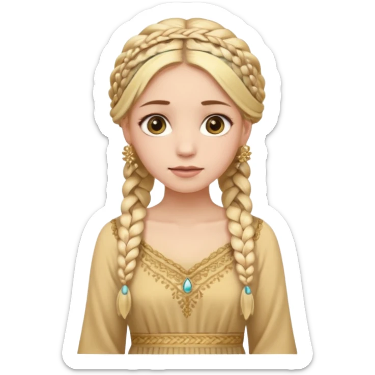 
mujer, Joven, de aspecto dulce y elegante.
Piel clara, ojos grandes y expresivos, sonrisa triste.
Rubio o castaño claro, largo, con trenzas o velo.
Vestido largo hasta los pies de tonos suaves (blanco, azul o lavanda), con bordados dorados; toca fina cubriendo la cabeza. sticker