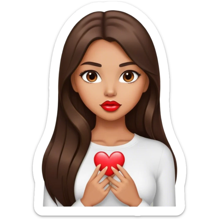 Model sexy tanned beautiful girl with pump lips and brunette straight long hair showing heart sticker