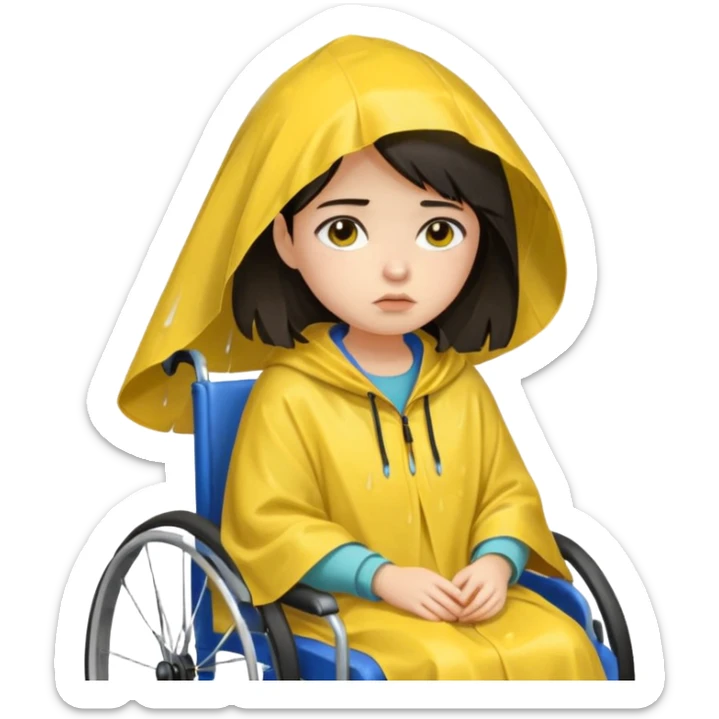 Girl with dark hair  in a wheelchair with rain poncho sad with rain  sticker