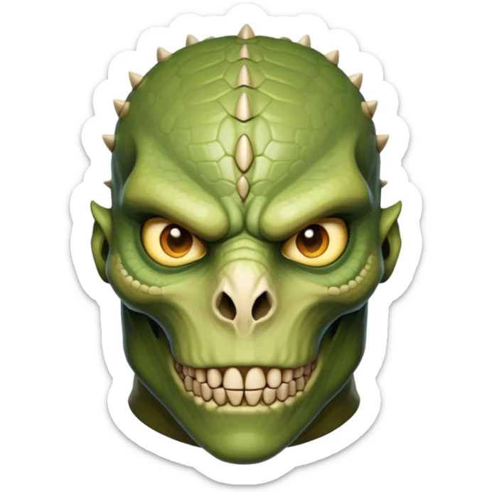The face of a monstrous, reptilian human fighter with lime eyes, protruding segments of skull and light-brown skin sticker