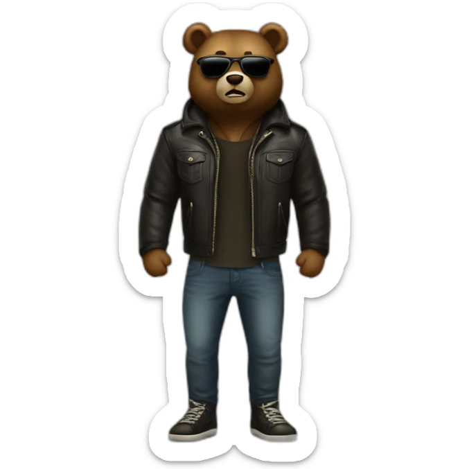 illustration of bear say "Hi!" wear leather jacket sunglasses look like a bad boy, full body sticker