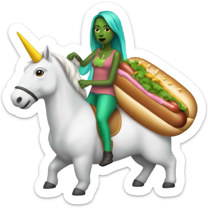 A woman with green skin and a unicorn horn riding a hot dog sticker