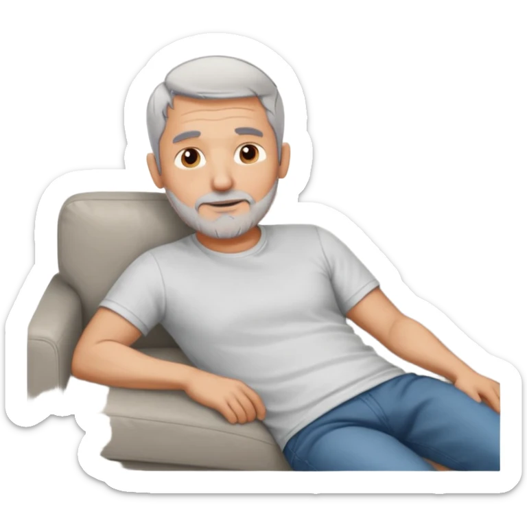 a 50 yo man short grey hair stubble beard laying on a ottoman of a light grey cord couch sticker