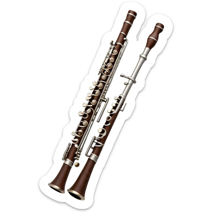 Cinematic Realistic Oboe, slender and elegant dark wood body, silver-plated keys catching soft highlights, delicate reed resting at the top, glowing with refined and classical beauty. sticker