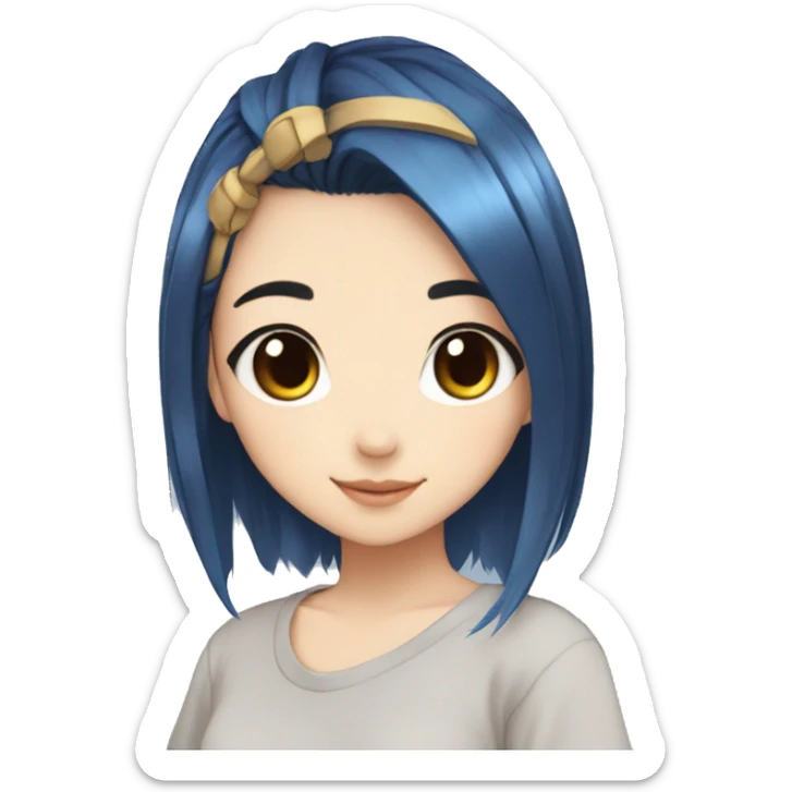 anime girl cute with black hair at the roots and blue hair at the ends, brown eyes sticker