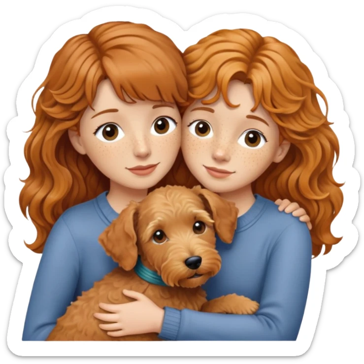 Woman with ginger wavy hair, curtain bangs and freckles hugging her wire haired Lakeland terrier dog sticker