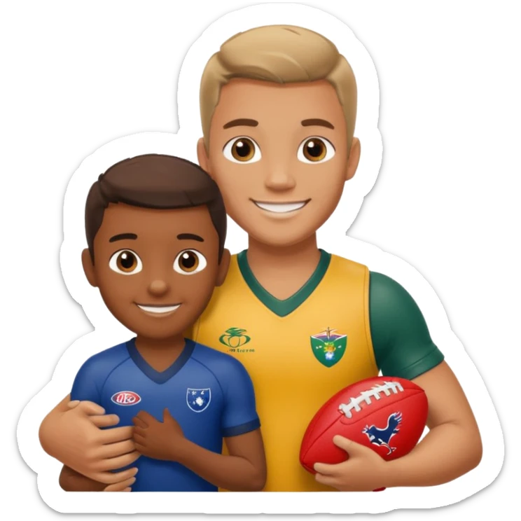 A sportsman has his arm around a young fan and they are holding a AFL sherrin, they are in australian colours, they are smiling, one is white and one is brown sticker