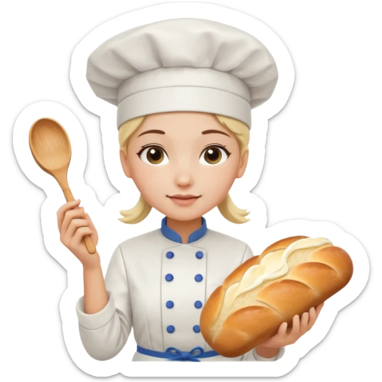 Young female baker - white chef hat, holding cream piping bag to milk oil on bread sticker