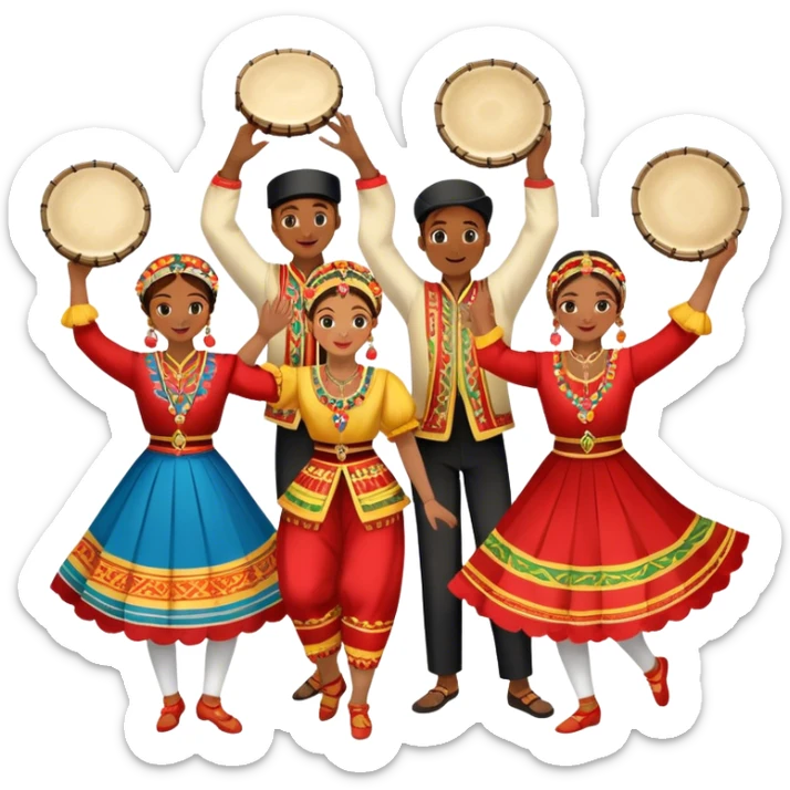 Icon for Folk Dance: a group of men and women 4-5 persons in vibrant national costumes, performing a traditional dance. Some dancers hold castanets and tambourines, capturing the energy and cultural heritage of folk dance. Transparent background. sticker