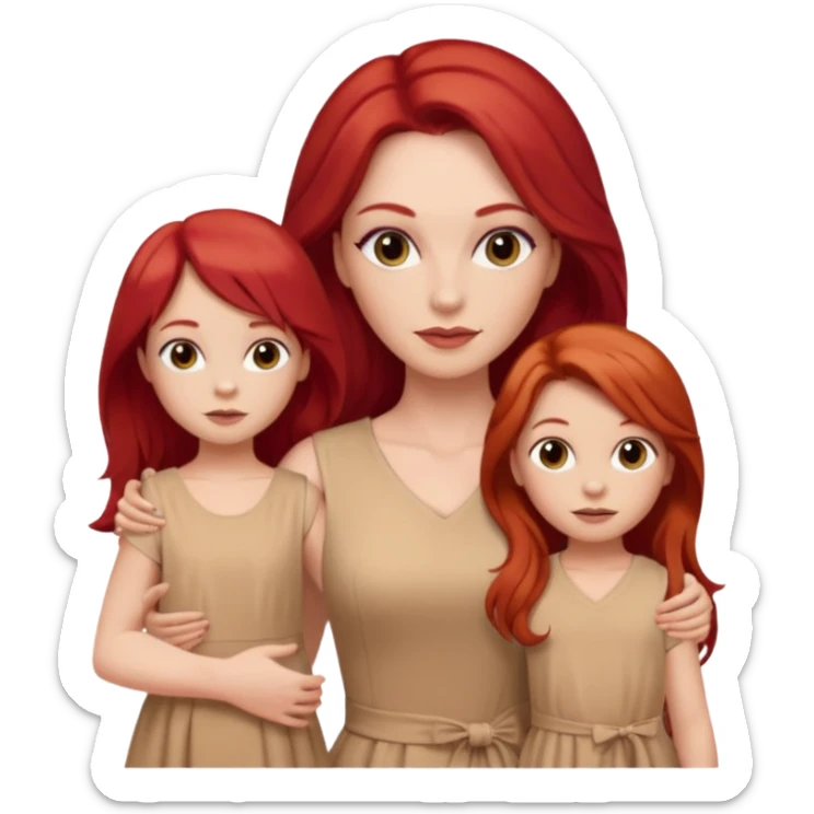 White woman in beige dress with long red hair and makeup with two kids in beige clothes  sticker