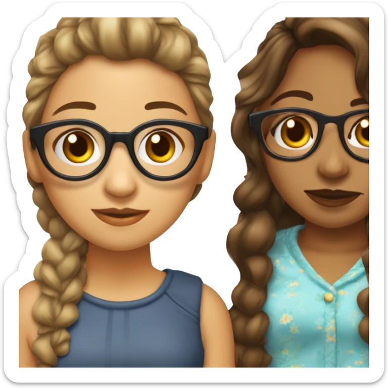 Dos chicas jóvenes, una con piel clara y lentes, otra con piel trigueña, ambas de cabello castaño en estilo mullet y ojos cafés, en pijamas navideñas, dándose un beso sticker