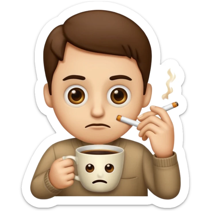 Create an emoji that is tired of life with big eye bags and annoyed. He needs to have a coffee and a used cigarette next to him or his hands  sticker